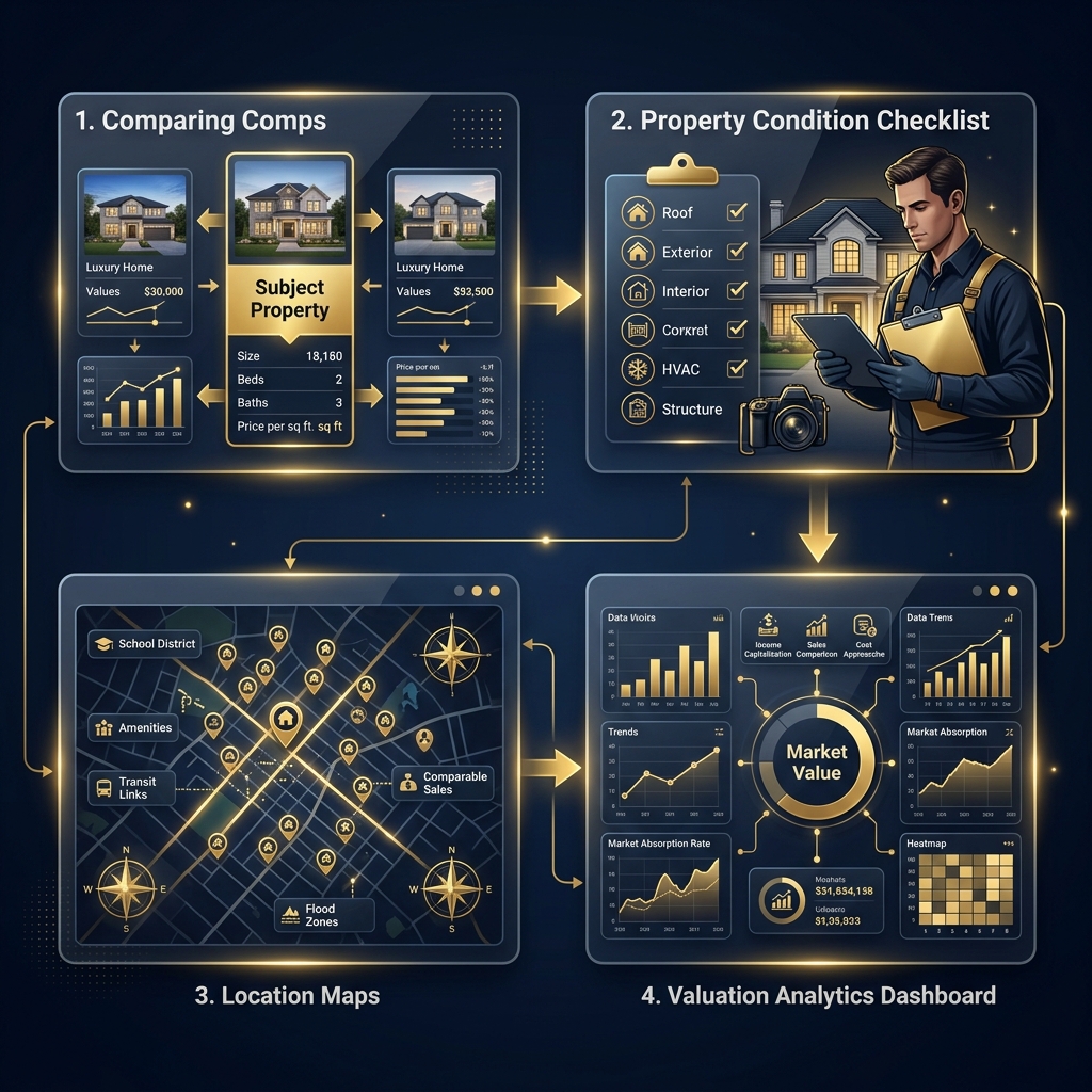 Appraiser valuation dashboard showing comps analysis, location adjustments, and property condition rating checklist