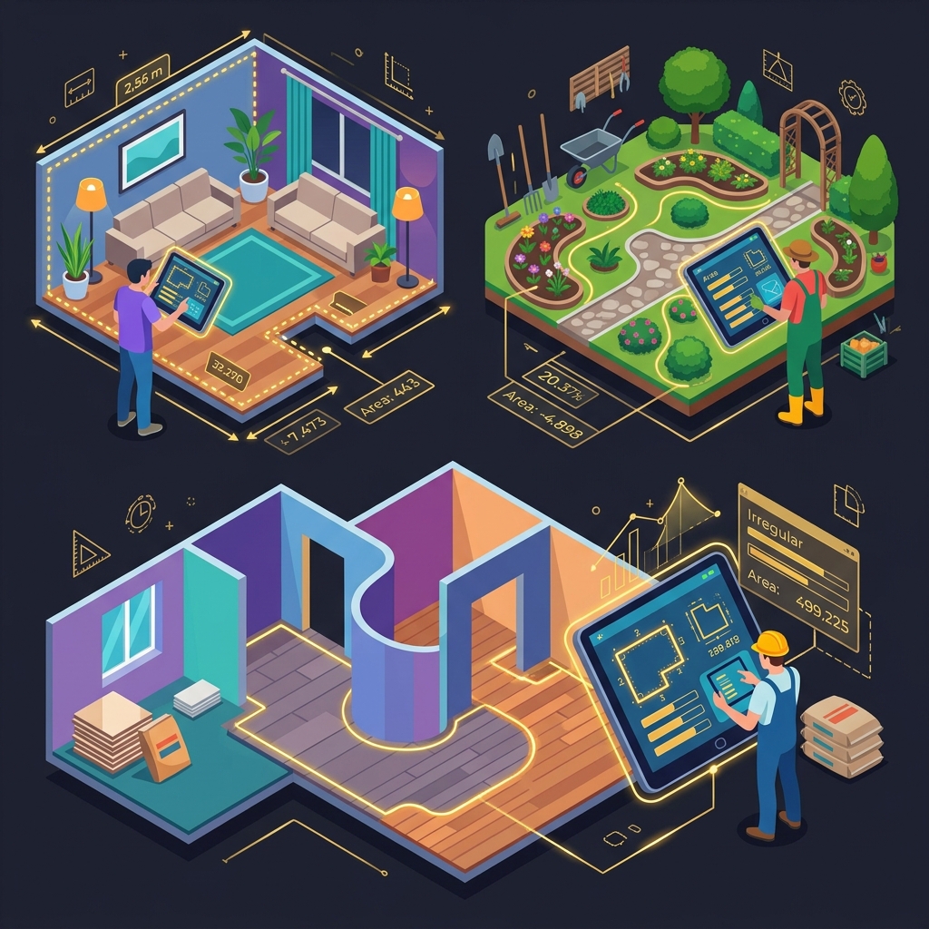 Real-life use cases of an irregular shape area calculator including flooring estimation, garden planning, and contractor measurements