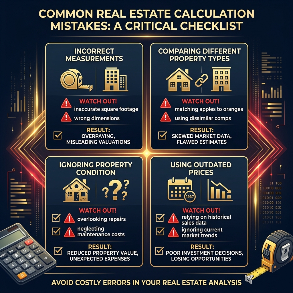 Infographic showing common real estate price per square foot calculation mistakes including incorrect measurements, comparing different property types, and using outdated data