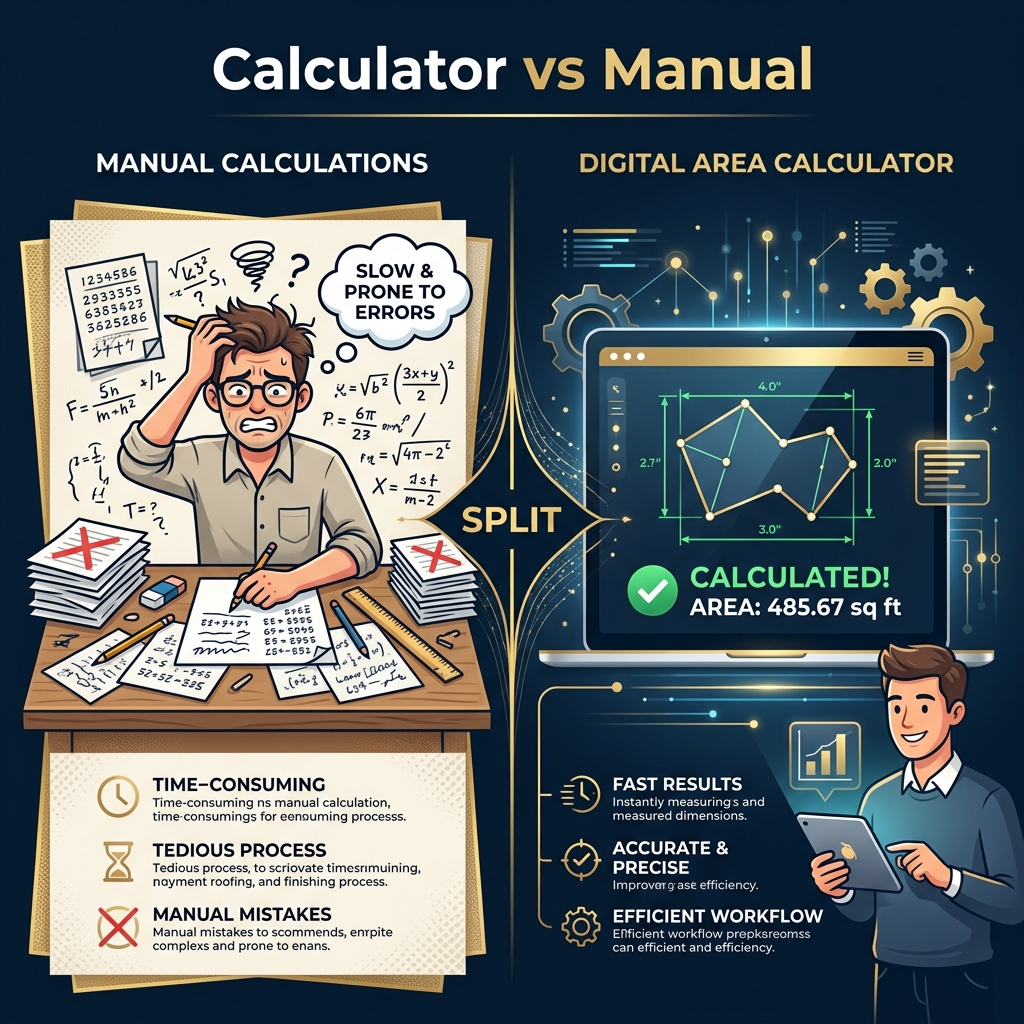 Split view comparing manual area calculations with pen and paper versus an instant digital irregular shape area calculator