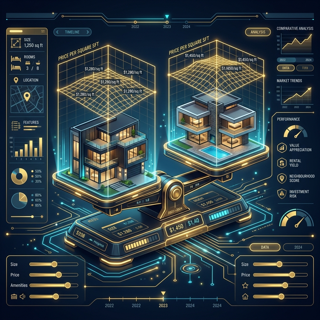 Two property models balanced on a comparison scale with price per square foot metrics
