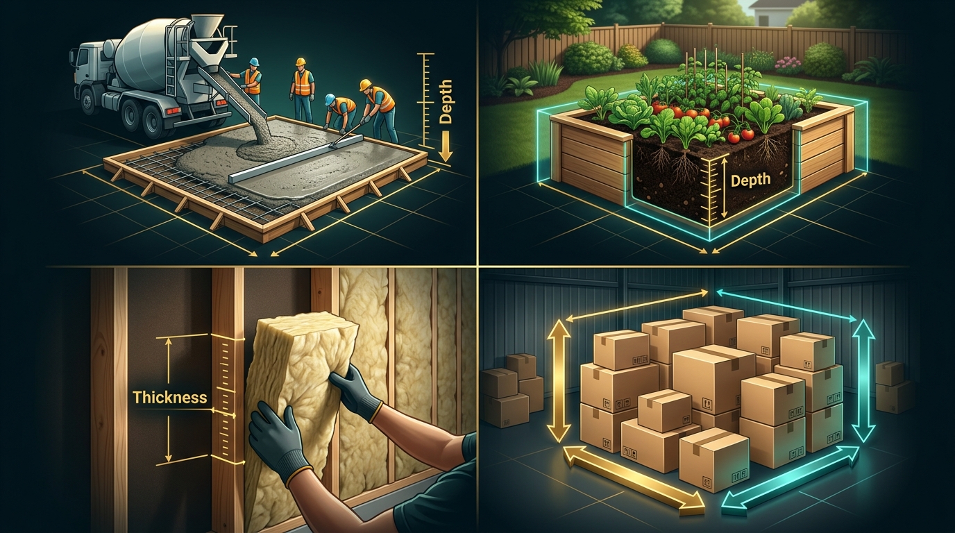 Four-quadrant infographic showing real-world projects requiring cubic feet: concrete slab pouring with depth markings, raised garden bed with soil depth indicator, insulation between wall studs with thickness label, and storage unit with stacked boxes and 3D volume arrows