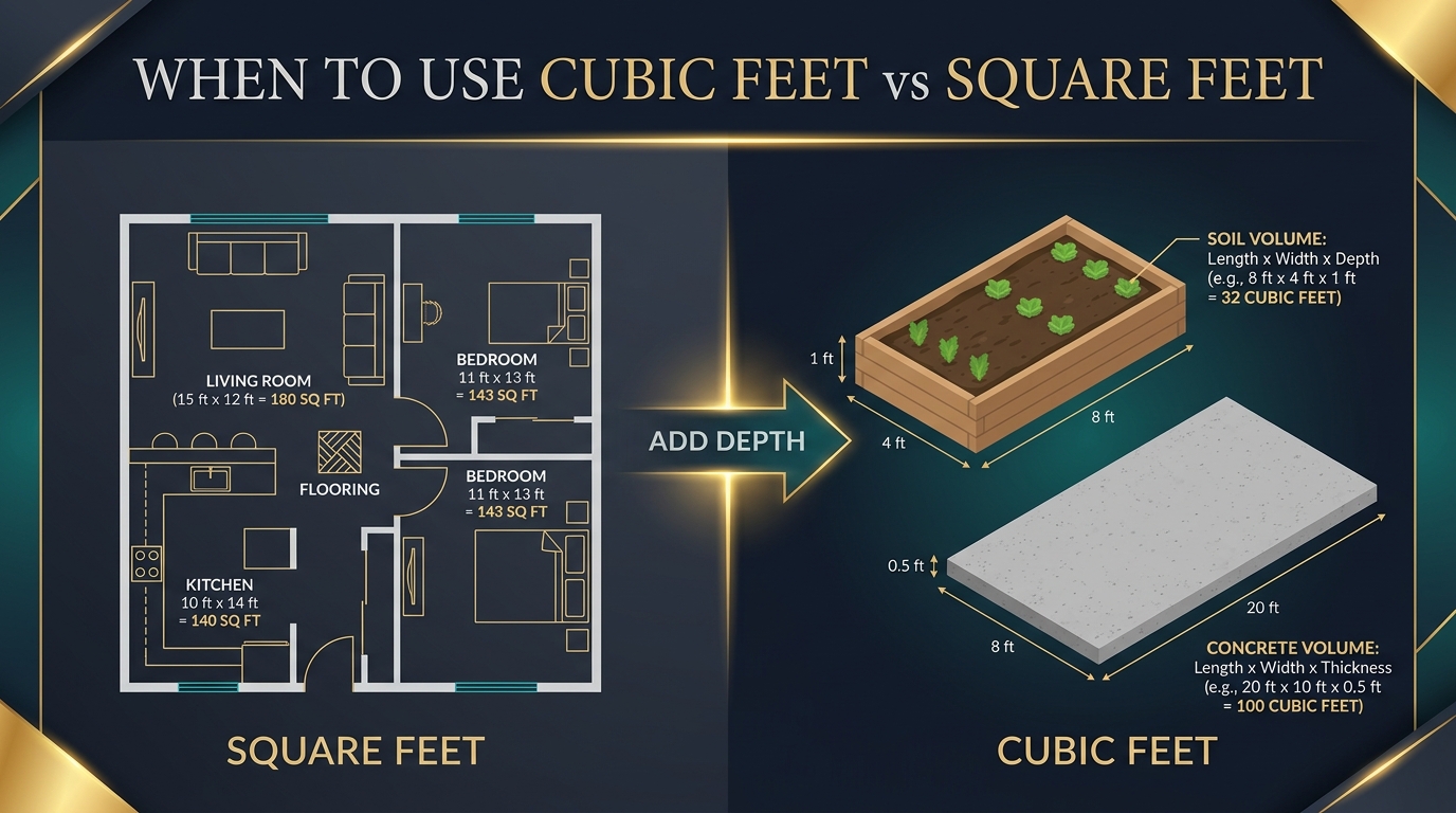 Educational infographic showing when to use cubic feet versus square feet with 2D floor plan and 3D volume examples