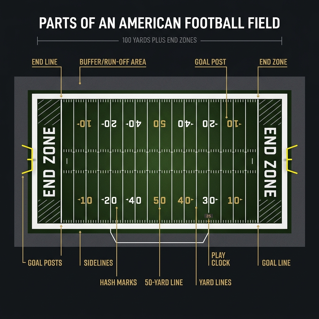 Detailed educational diagram showing all parts of an American football field including yard lines, hash marks, goal lines, sidelines, end lines, goal posts, and buffer areas