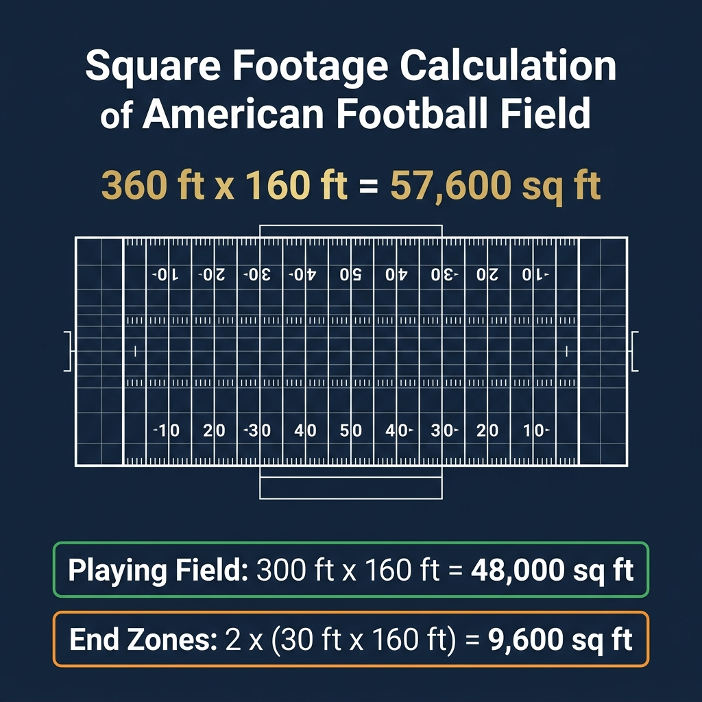 Infographic showing the square footage calculation of a football field with 57,600 total square feet broken into playing field and end zone areas