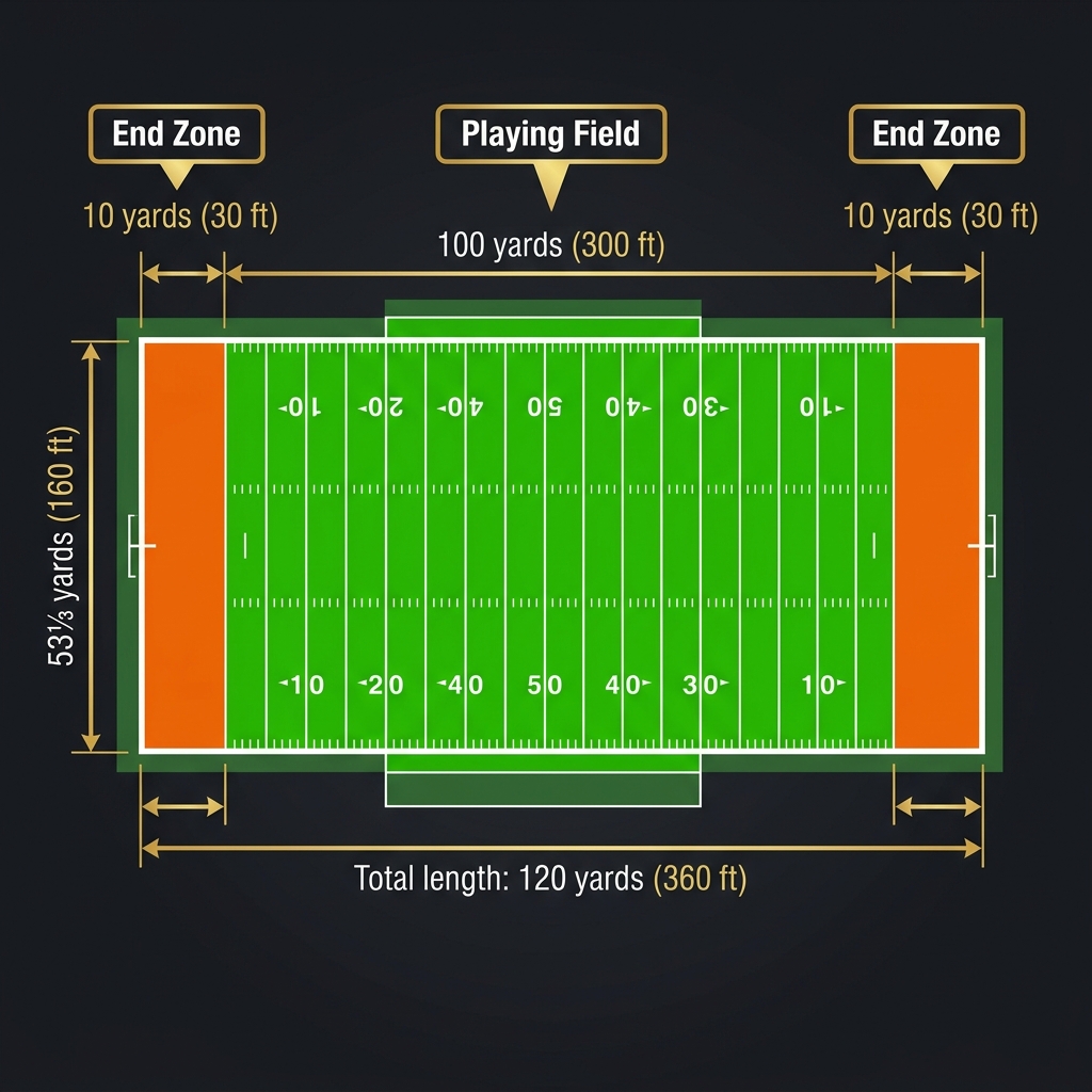 Diagram showing the breakdown of a football field into the 300-foot playing field and two 30-foot end zones totaling 360 feet