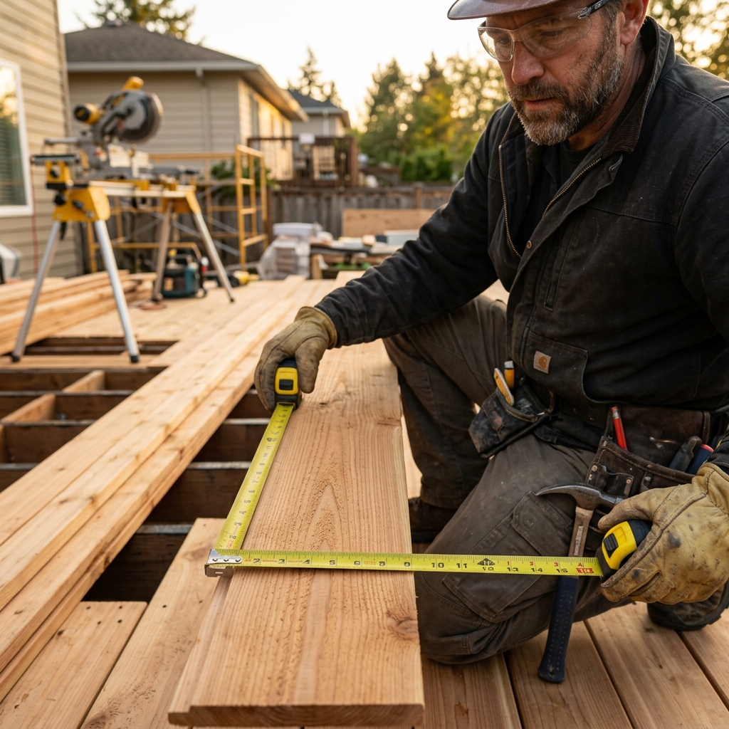 A professional worker measuring wooden decking planks on-site to account for expansion gaps and nominal sizing
