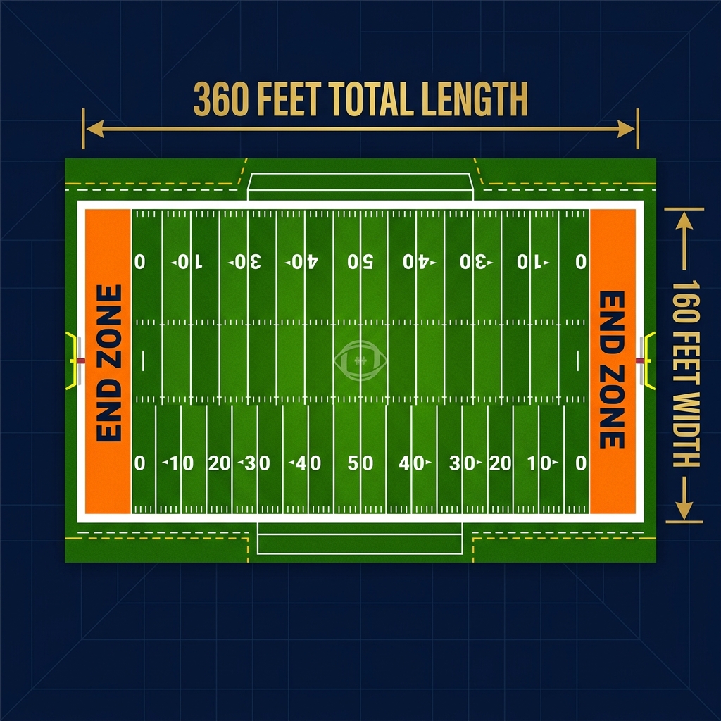 Top-down aerial view of an American football field showing precise dimension labels including 360 feet total length and 160 feet width