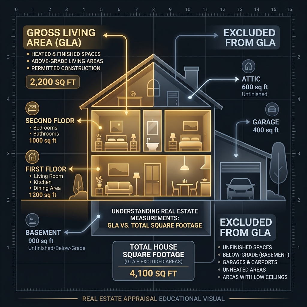 Infographic comparing Gross Living Area versus total house square footage with GLA highlighted in amber and excluded areas in dark tones