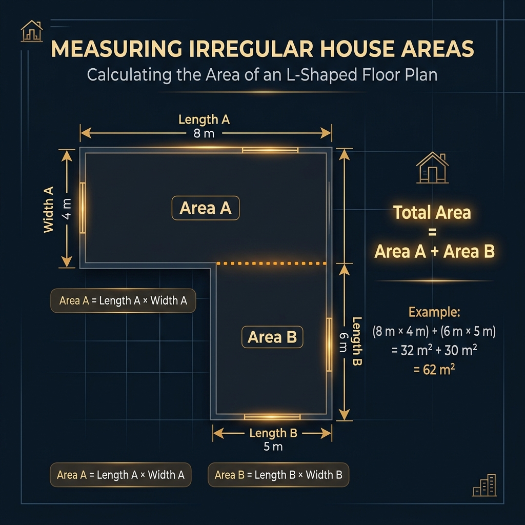 Educational diagram showing L-shaped floor plan divided into two rectangles with measurement arrows and area formulas