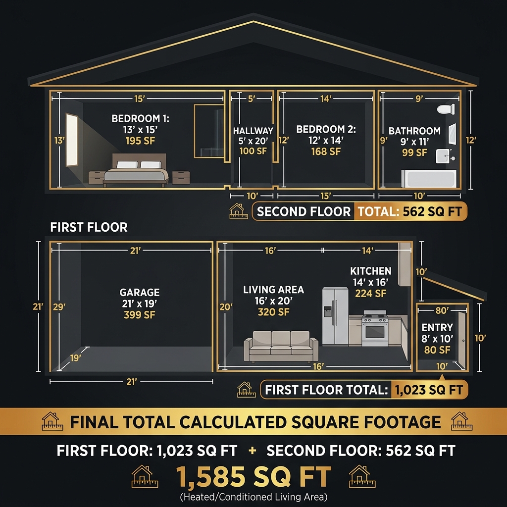 Multi-story house cross-section showing floor-by-floor square footage calculations with measurement lines and room labels