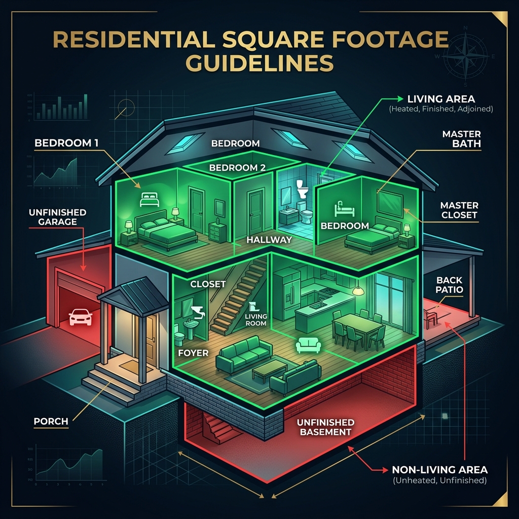 A clean, modern educational infographic showing a house cross-section with labeled rooms counting toward square footage