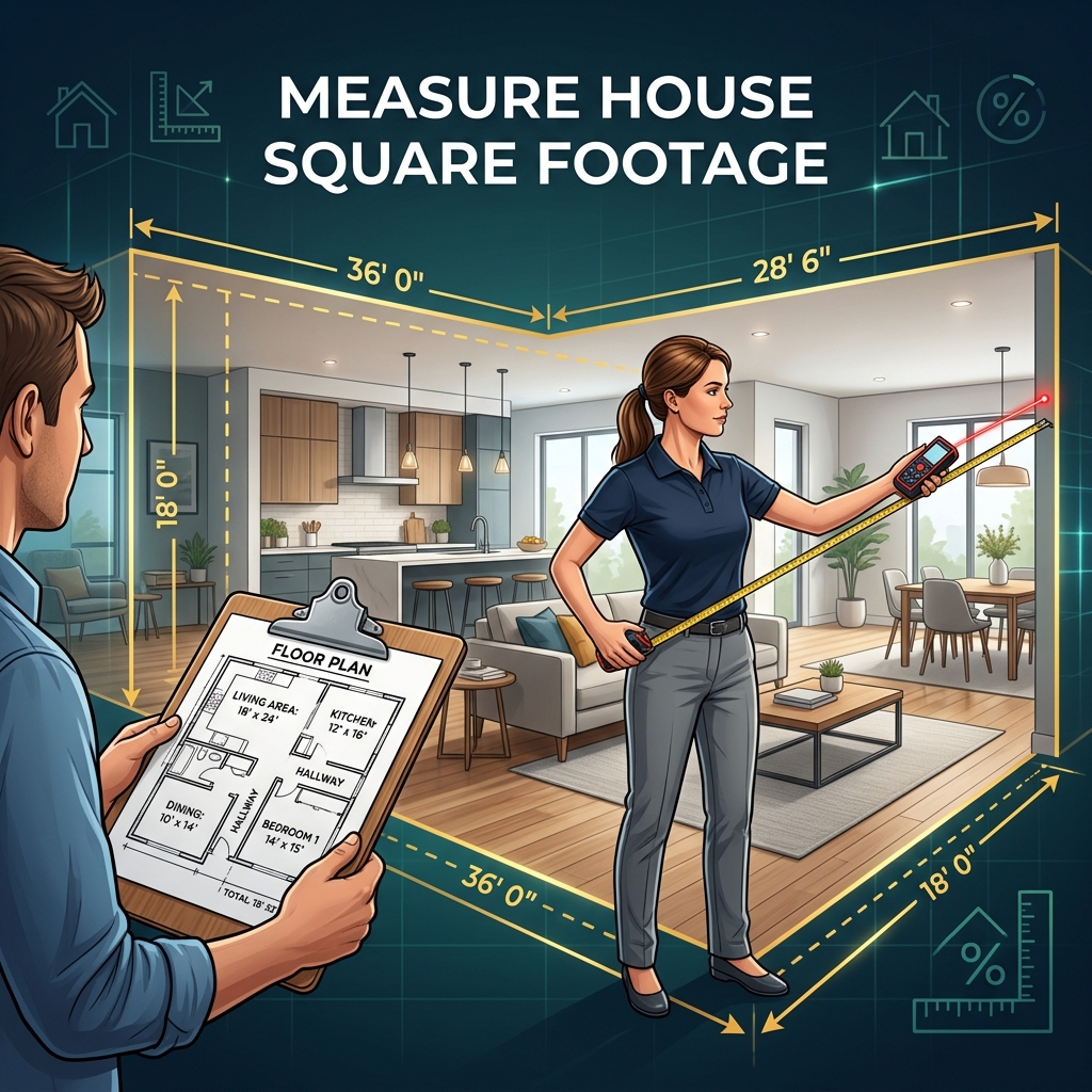 Person measuring interior of modern house with tape measure and laser distance measurer with floor plan sketch