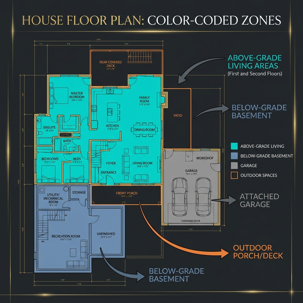 House floor plan showing above-grade living areas in teal, basement in blue, garage in gray, and outdoor deck in orange
