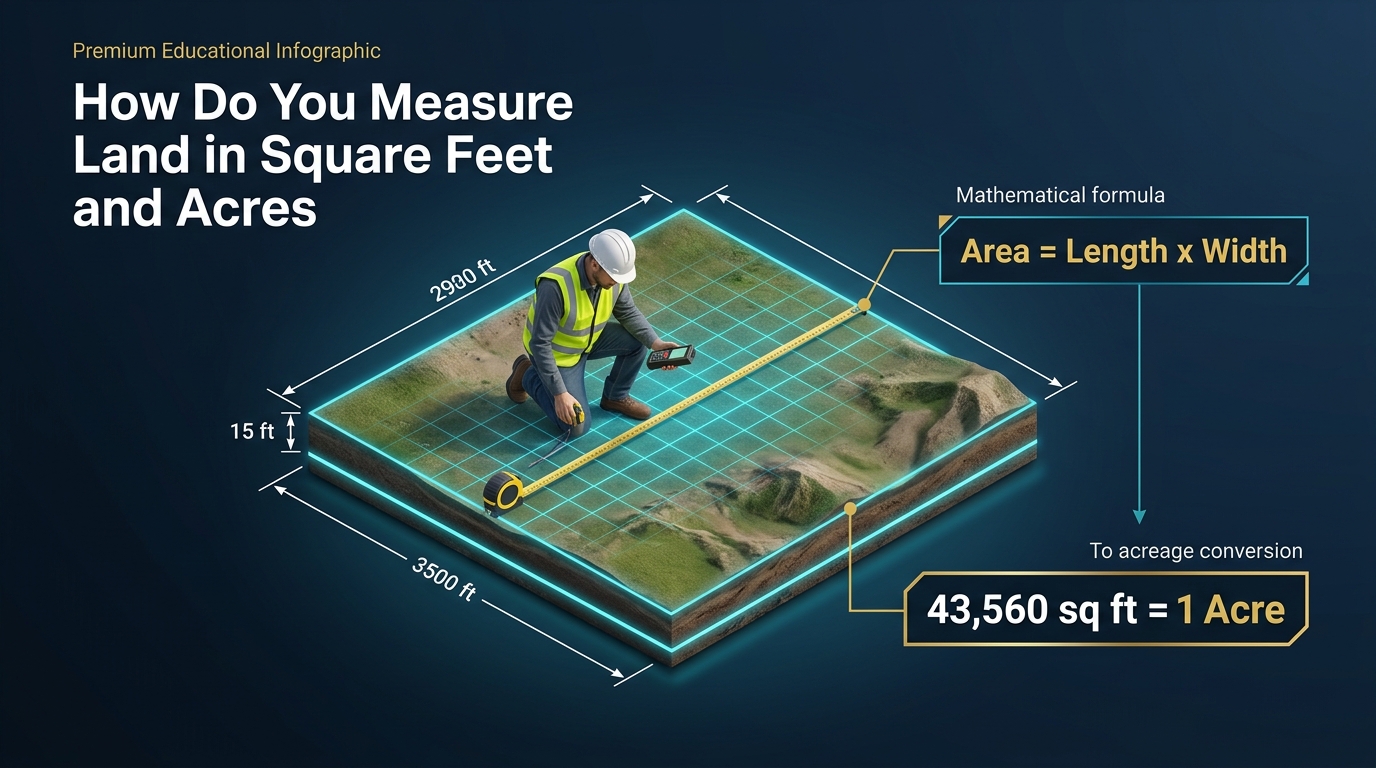 Surveyor measuring land parcel dimensions in square feet and acres with laser rangefinder and tape measure