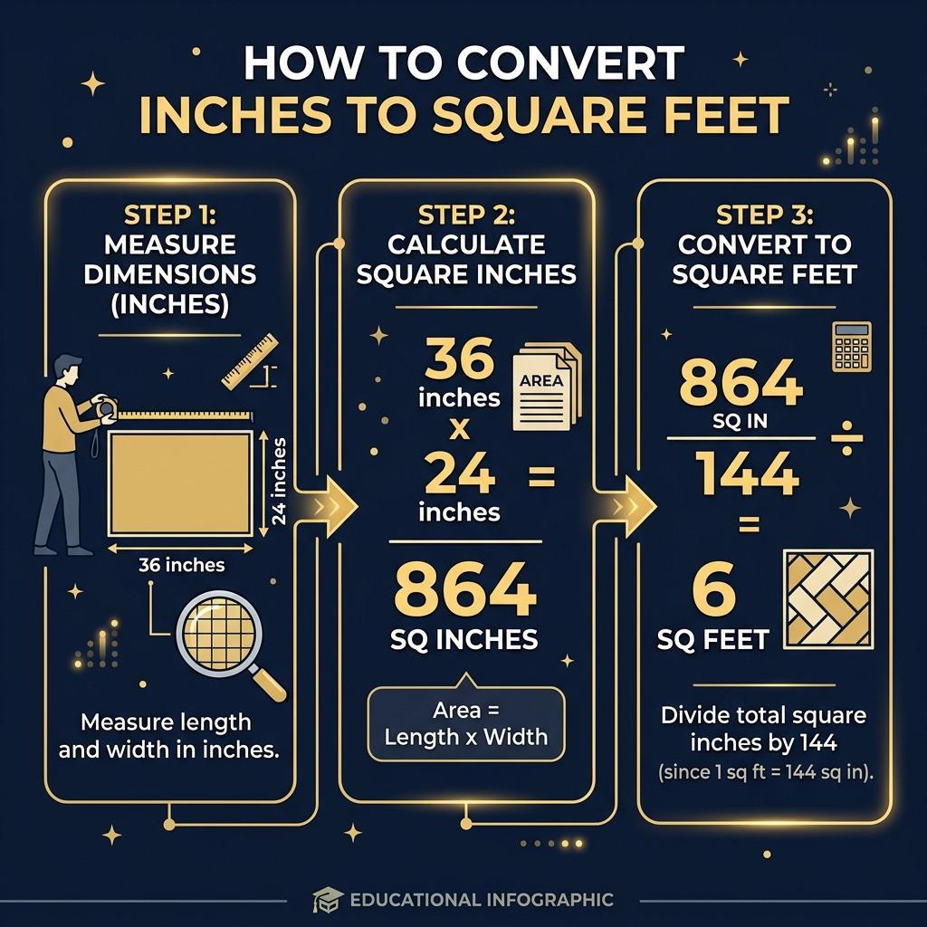 Step-by-step diagram showing conversion from inch measurements to square feet with multiplication and division