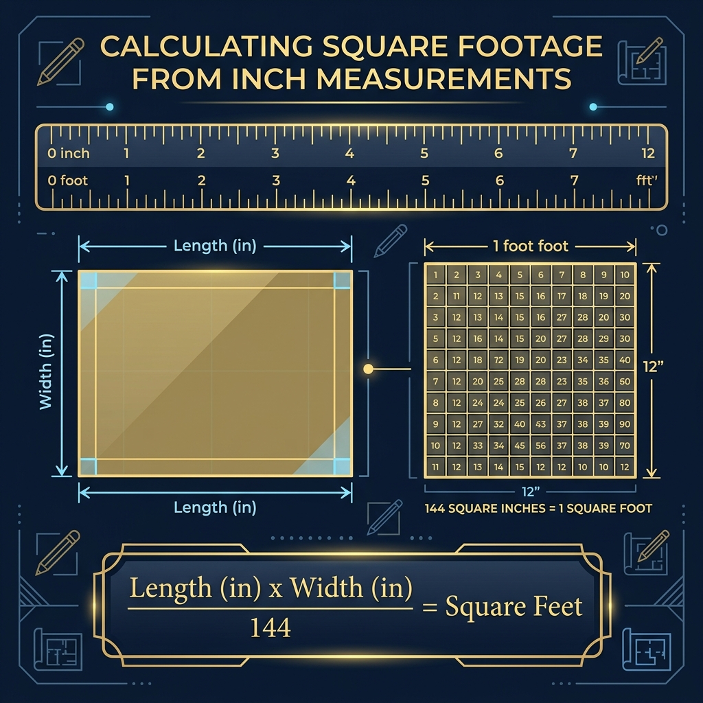 Diagram illustrating calculation of square footage from inch measurements with formulas and grid layout