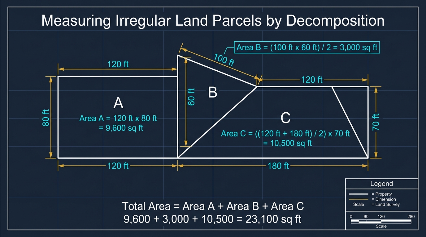 Measuring irregular land parcels by decomposition diagram showing rectangle, triangle, and trapezoid areas