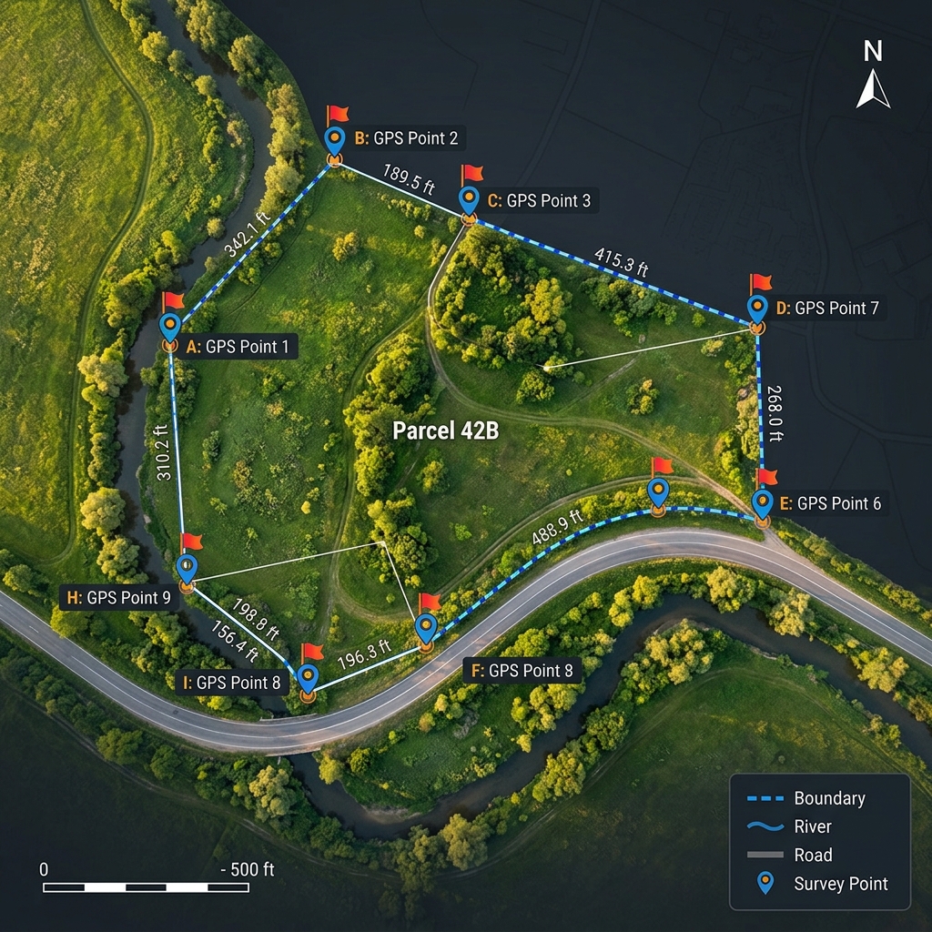Aerial view of an irregular land plot with GPS boundary markers and survey flags at each corner