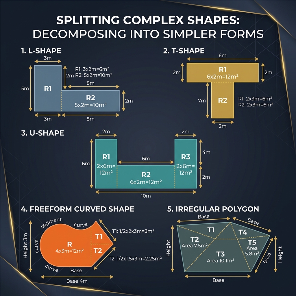Various irregular shapes split into simpler rectangles and triangles for area calculation