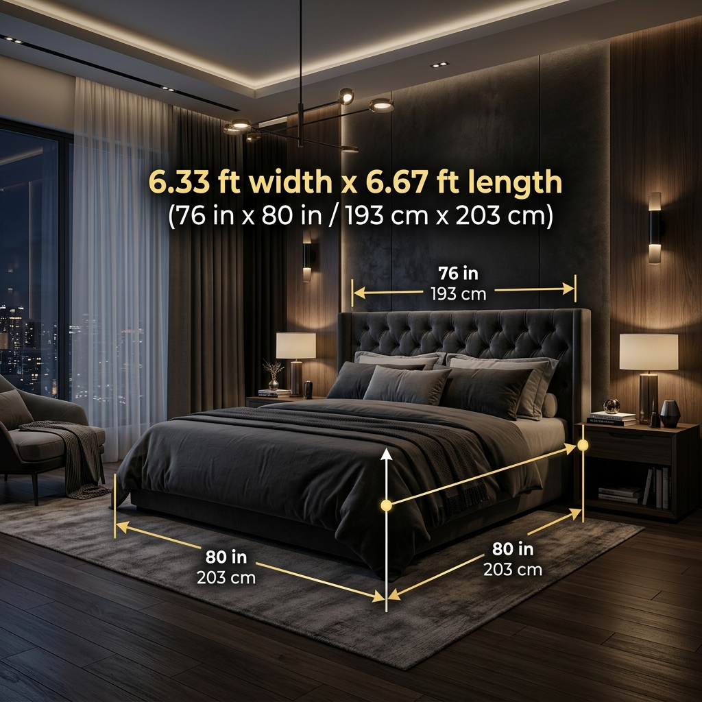 Standard King size bed in a luxury master bedroom with dimension measurement callouts of 6.33 ft width by 6.67 ft length