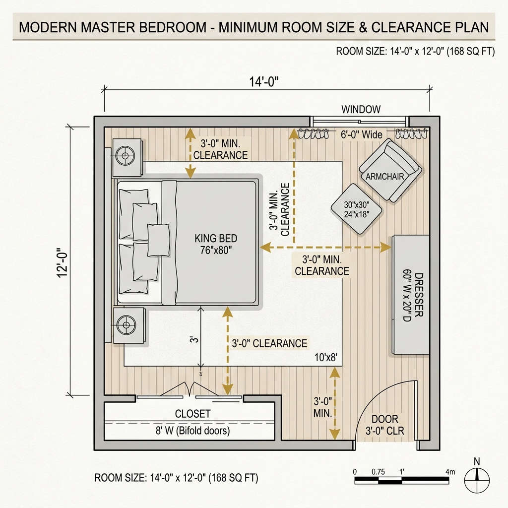 Top-down architectural master bedroom floor plan layout showing a King bed with 3-foot clearance walkways