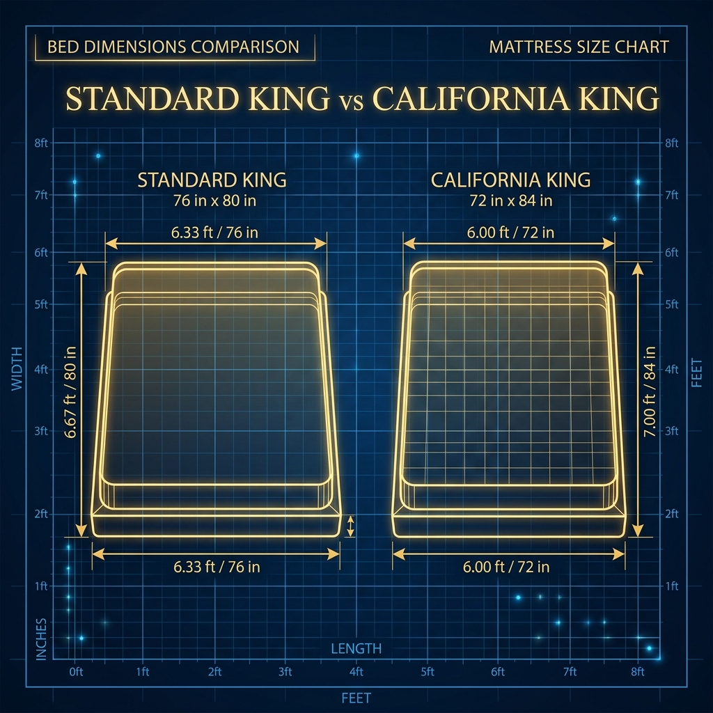 Technical comparison diagram contrasting Standard Eastern King vs California King bed dimensions side by side