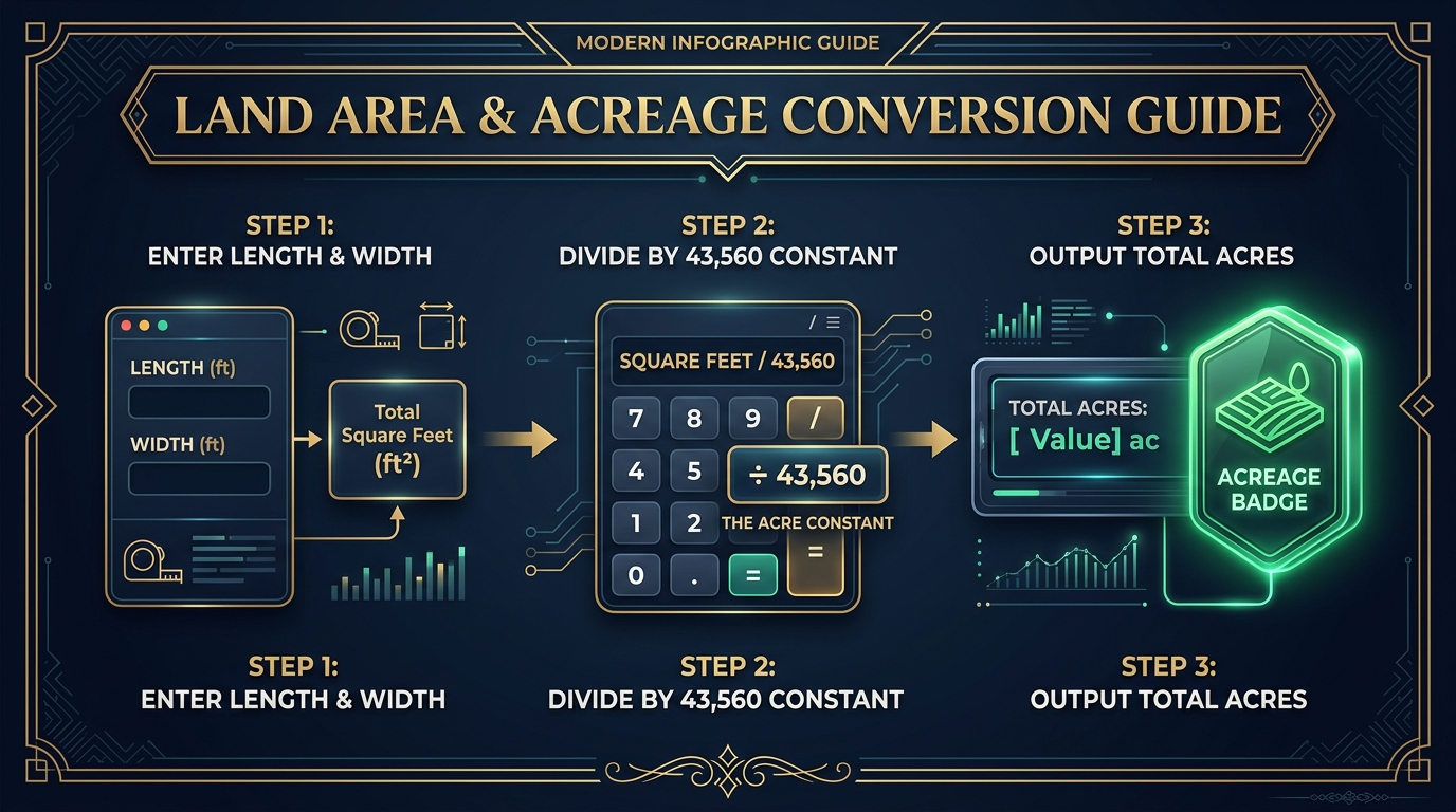 Land area and acreage conversion guide flowchart showing step by step calculation process