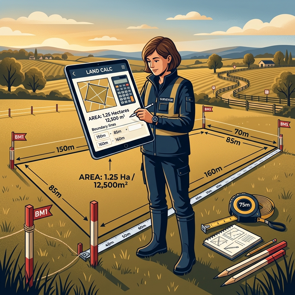 Person using digital tools and traditional measurement instruments to calculate land area with boundary markers visible