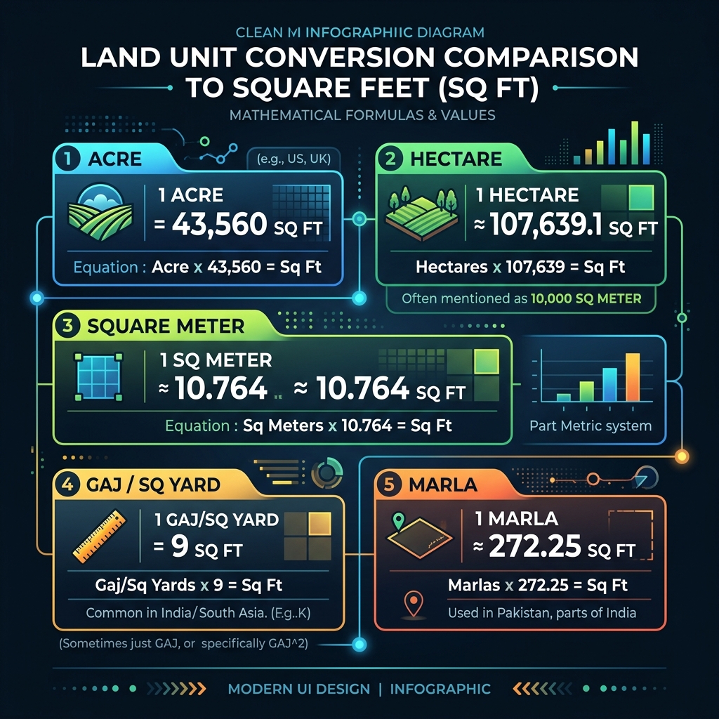 Infographic comparing land unit conversion formulas to square feet
