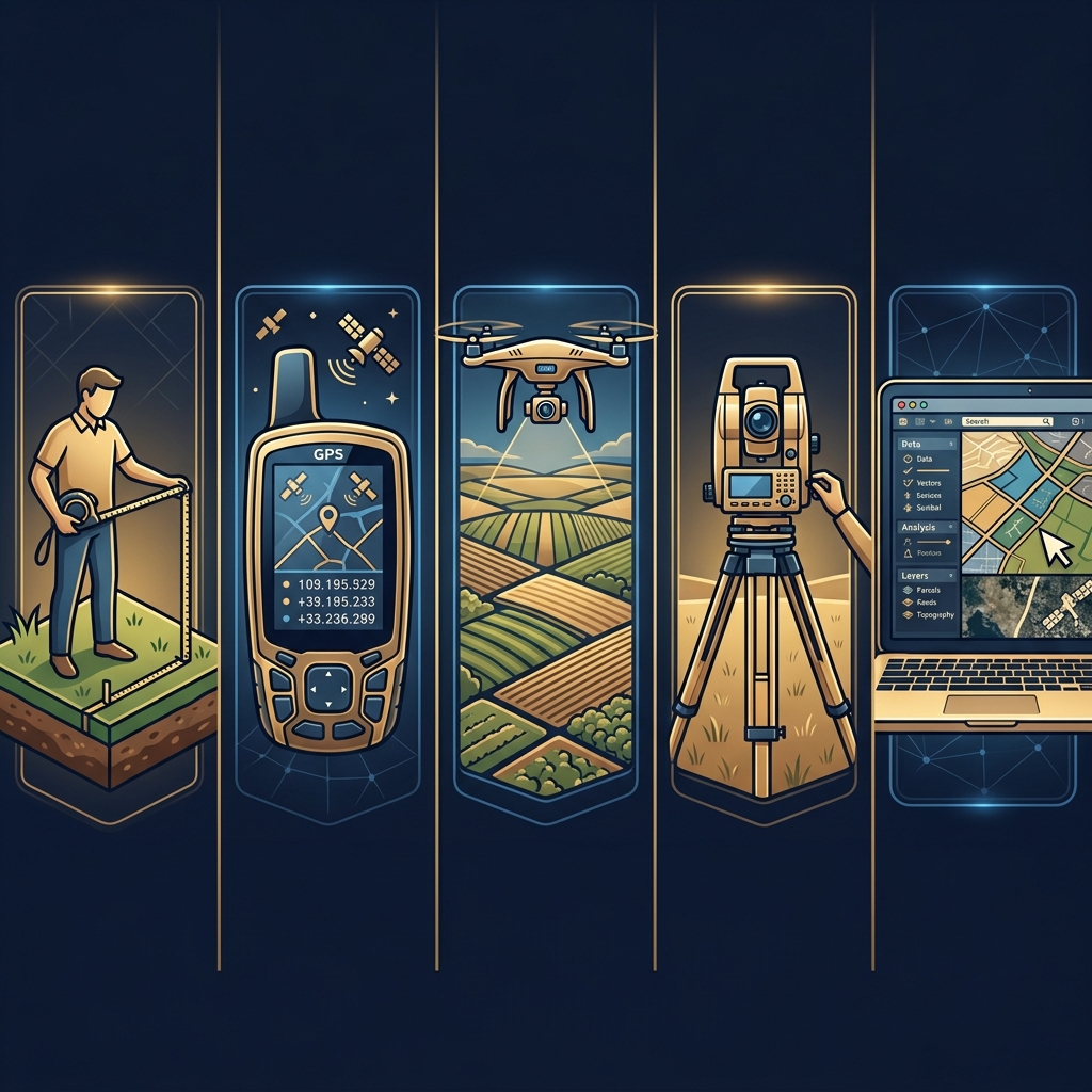 Five land measurement methods compared side by side: tape measure, GPS device, drone, total station, and GIS software
