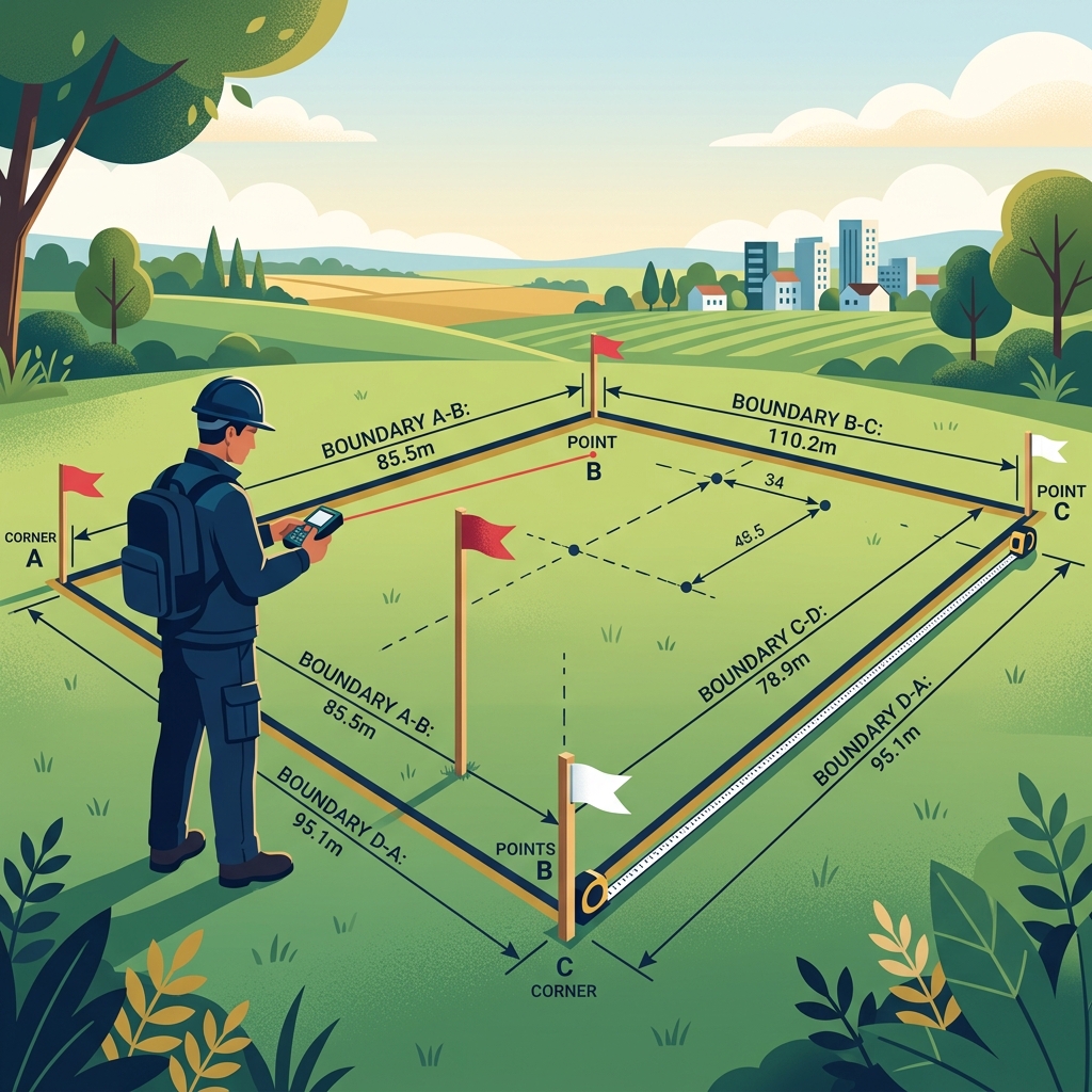 Person measuring property boundary lines on an open land plot using a handheld laser distance meter