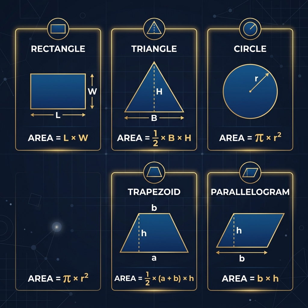 Educational infographic showing different land shapes and their area formulas including rectangle, triangle, circle, trapezoid, and parallelogram