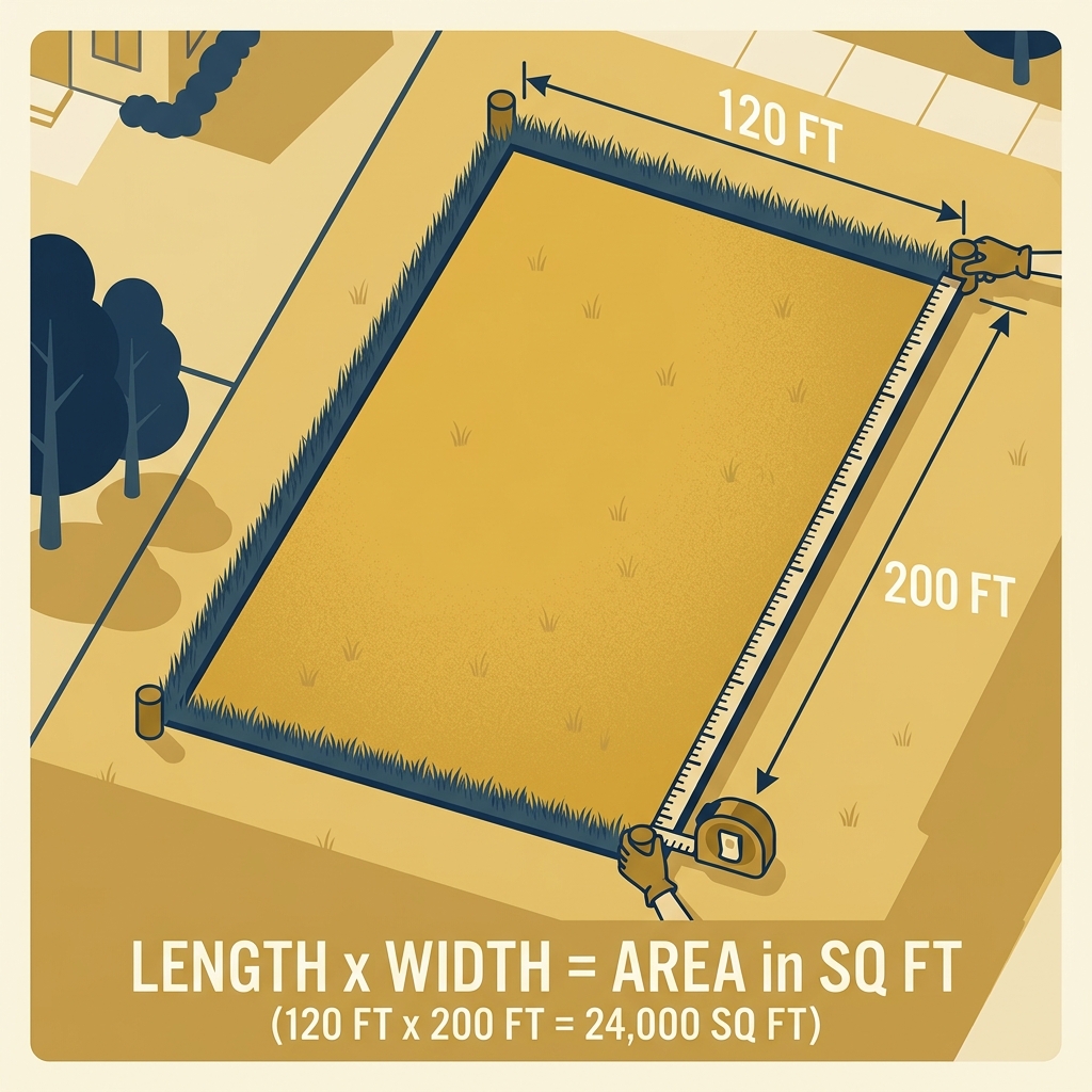 Aerial view of a residential land parcel marked with boundary measurement lines in feet