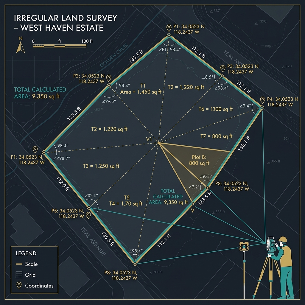 Bird's eye view of an irregular land plot divided into triangles for area measurement