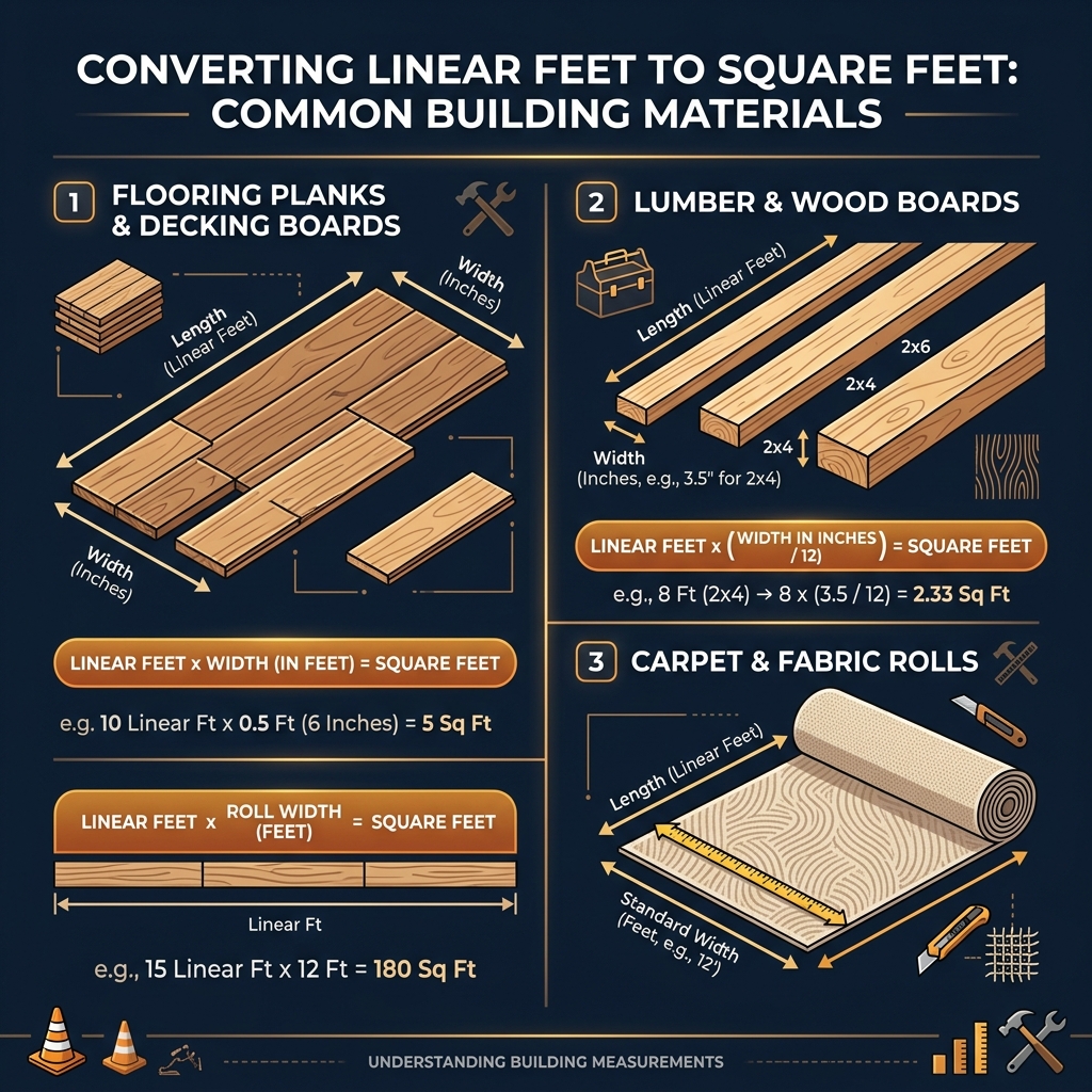 Infographic showing common building materials with linear feet to square feet conversion including flooring planks, lumber boards, and carpet rolls