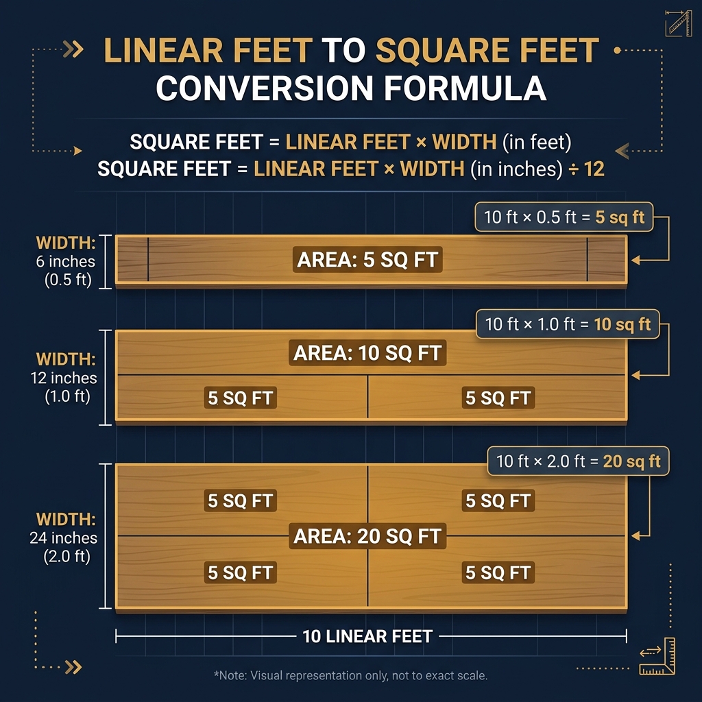 Diagram showing three boards of different widths (6 inch, 12 inch, 24 inch) each 10 linear feet long producing 5, 10, and 20 square feet respectively