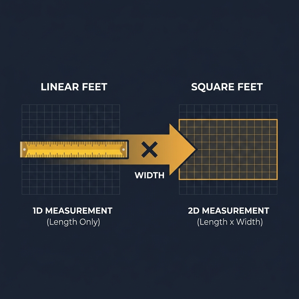 Educational infographic showing a linear foot ruler converting to a square foot area grid through multiplication by width