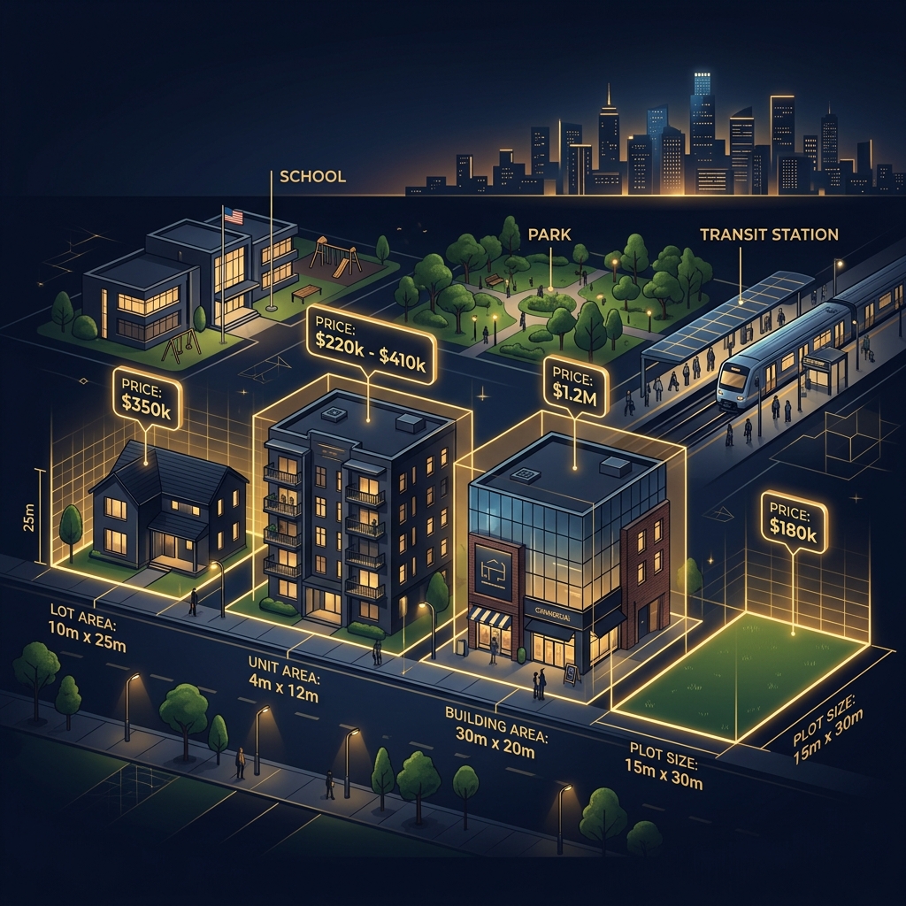 Different property types in a neighborhood showing single-family home, apartment building, commercial property, and vacant land with price per square foot indicators