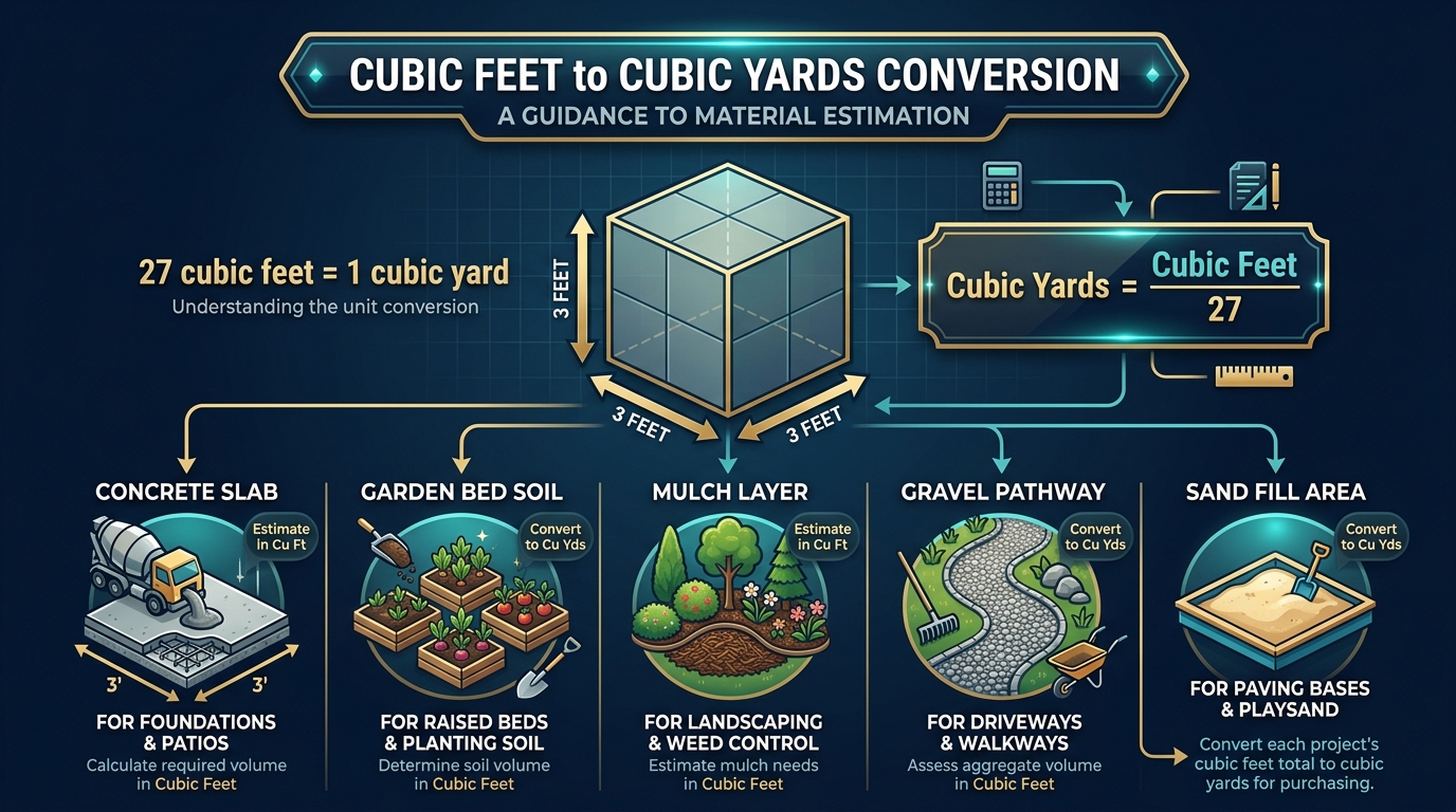 Infographic showing cubic feet to cubic yards conversion with a 3D cube diagram showing 27 cubic feet equals 1 cubic yard, and five real-world project examples for concrete, garden soil, mulch, gravel, and sand
