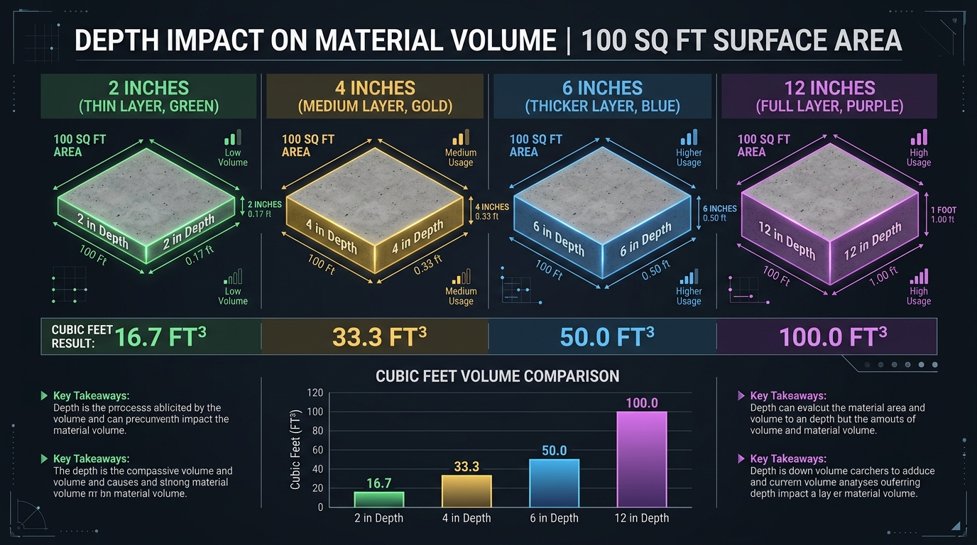 Infographic showing how depth impacts material volume across 100 square feet, comparing 2-inch, 4-inch, 6-inch, and 12-inch depths with cubic feet results and a volume comparison bar chart