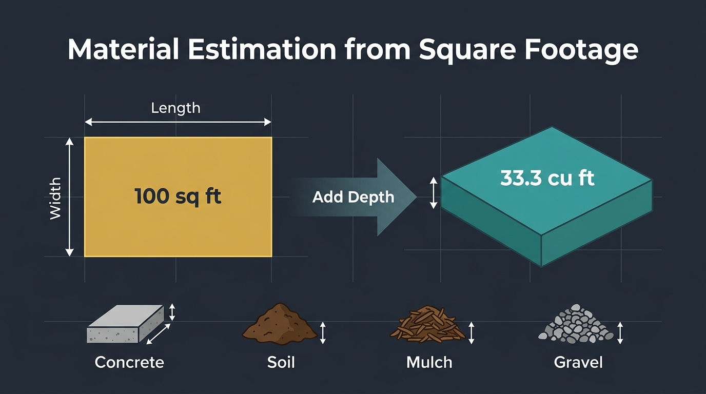 Educational infographic showing material estimation from square footage with a flat 2D area transforming into 3D volume after adding depth for concrete, soil, mulch, and gravel