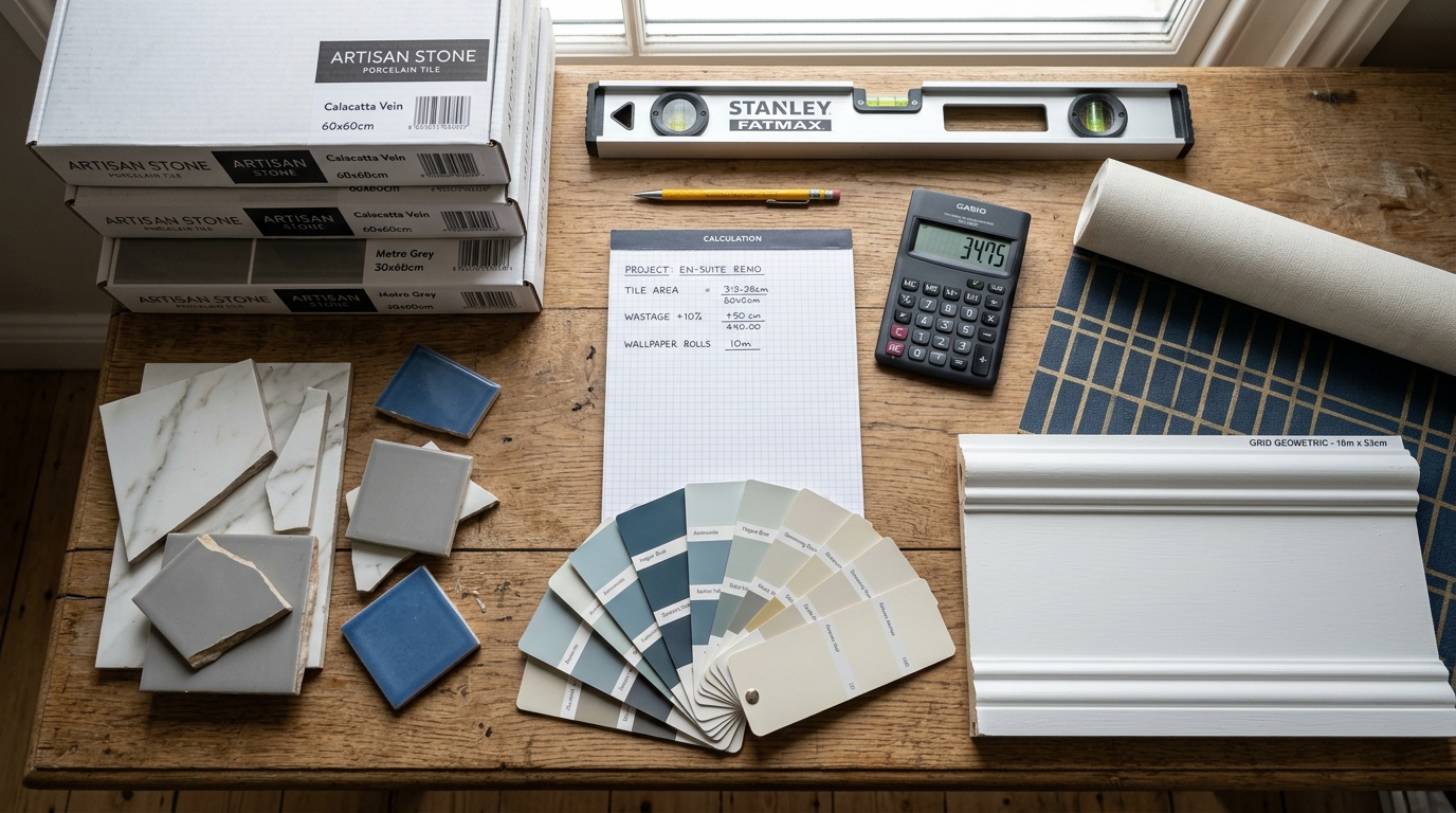 Flatlay comparison of tile cutting scraps, paint chips, wallpaper repeat rolls, shiplap molding sample, and digital calculator