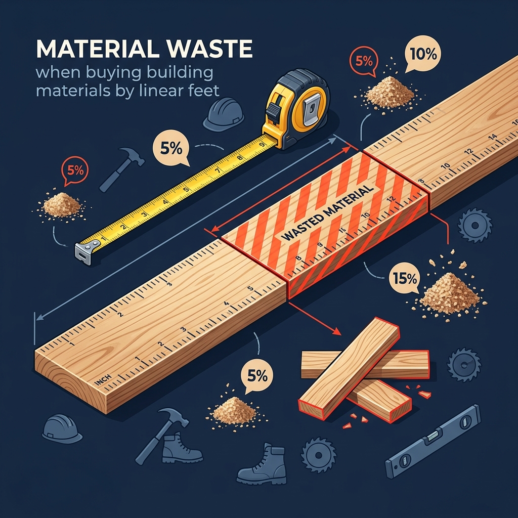 Infographic showing material waste concept with lumber boards, cut markings, and waste percentage indicators