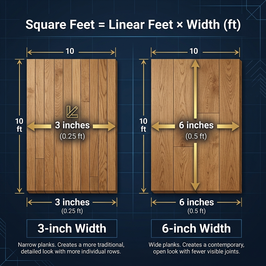 Infographic comparing narrow vs wide board square foot coverage for the same linear length
