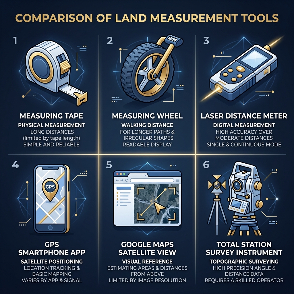 Six land measurement tools compared: tape measure, measuring wheel, laser meter, GPS app, Google Maps, and professional survey equipment