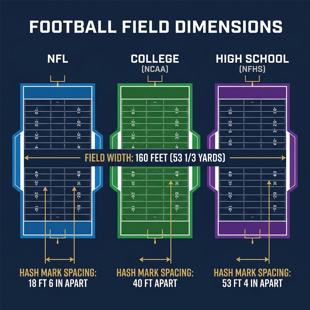 Side-by-side comparison infographic showing NFL, college, and high school football field dimensions with hash mark spacing differences highlighted
