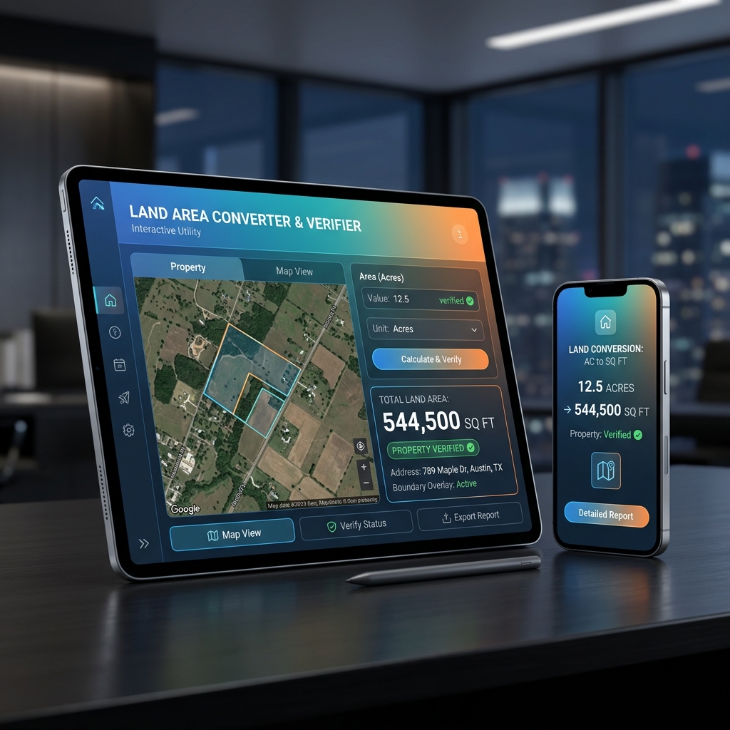 Digital tablet and mobile application displaying land unit conversion verification interface