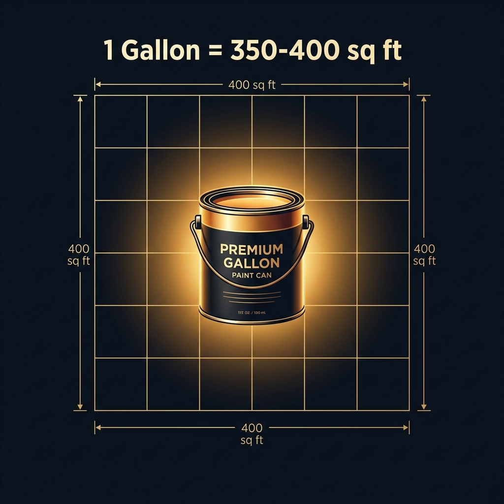 Single gallon paint can glowing on dark grid background representing 350 to 400 square feet wall area coverage