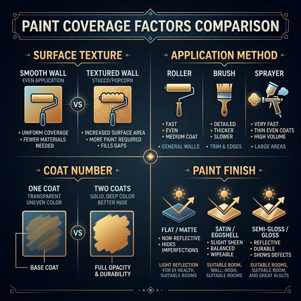 Infographic comparing paint coverage factors including smooth vs textured walls, application tools, one vs two coats, and paint sheens